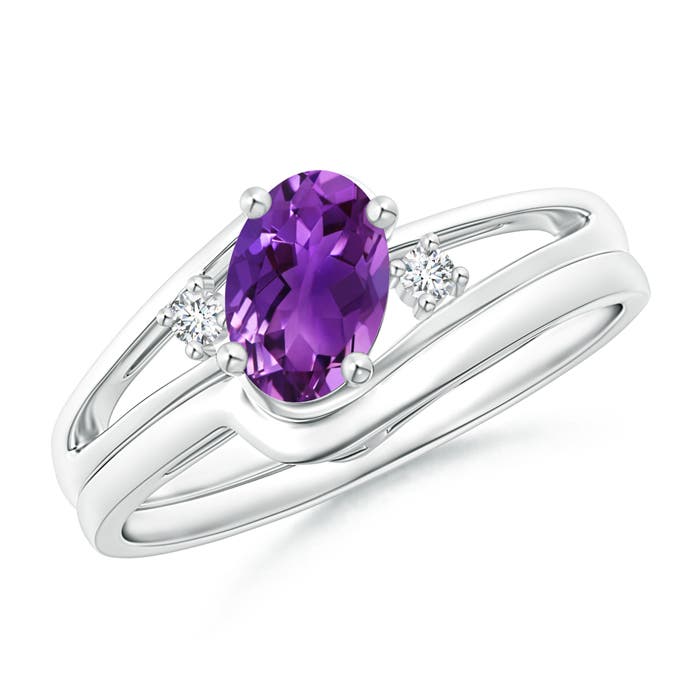 7x5mm AAAA Split Shank Amethyst Engagement Ring with Wedding Band in P950 Platinum