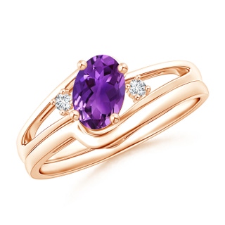 7x5mm AAAA Split Shank Amethyst Engagement Ring with Wedding Band in Rose Gold