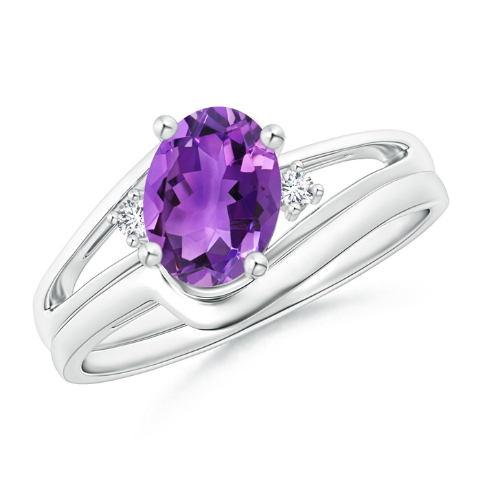 8x6mm AAA Split Shank Amethyst Engagement Ring with Wedding Band in White Gold 