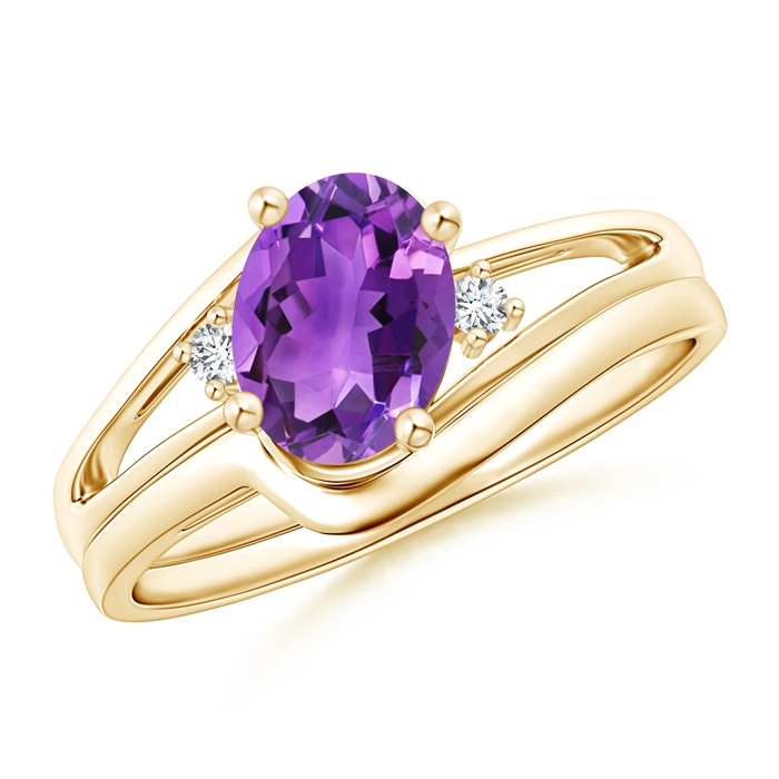 8x6mm AAA Split Shank Amethyst Engagement Ring with Wedding Band in Yellow Gold 
