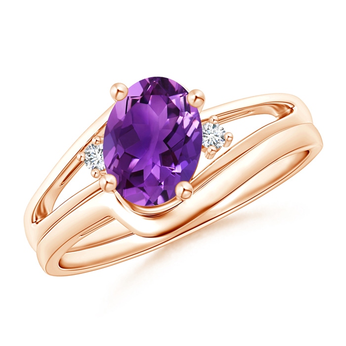 8x6mm AAAA Split Shank Amethyst Engagement Ring with Wedding Band in Rose Gold 