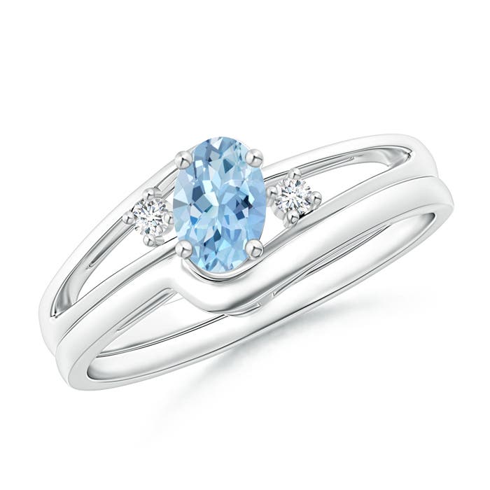 6x4mm AAA Split Shank Aquamarine Engagement Ring with Wedding Band in P950 Platinum