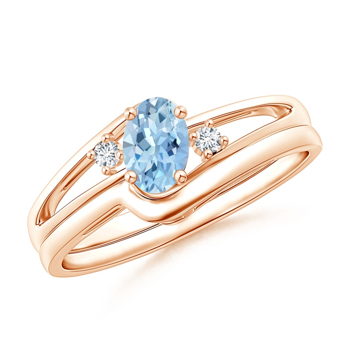 6x4mm AAA Split Shank Aquamarine Engagement Ring with Wedding Band in Rose Gold 
