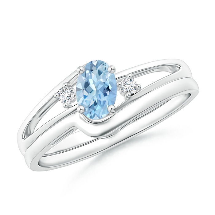 6x4mm AAA Split Shank Aquamarine Engagement Ring with Wedding Band in White Gold 