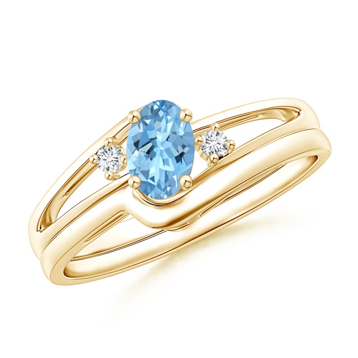 6x4mm AAAA Split Shank Aquamarine Engagement Ring with Wedding Band in Yellow Gold 