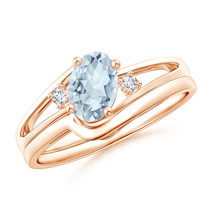 7x5mm A Split Shank Aquamarine Engagement Ring with Wedding Band in Rose Gold 