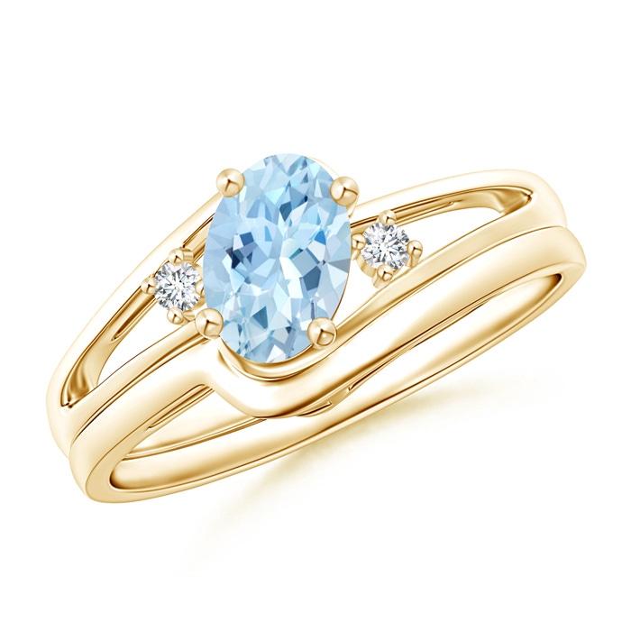 7x5mm AAA Split Shank Aquamarine Engagement Ring with Wedding Band in Yellow Gold 