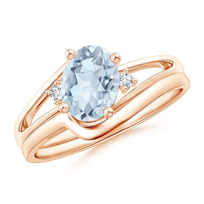 8x6mm A Split Shank Aquamarine Engagement Ring with Wedding Band in Rose Gold 