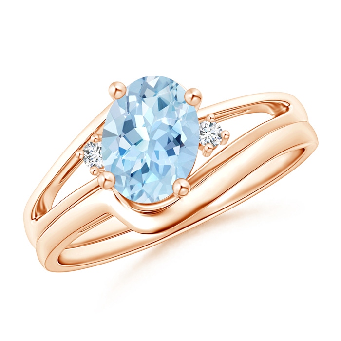8x6mm AAA Split Shank Aquamarine Engagement Ring with Wedding Band in Rose Gold 