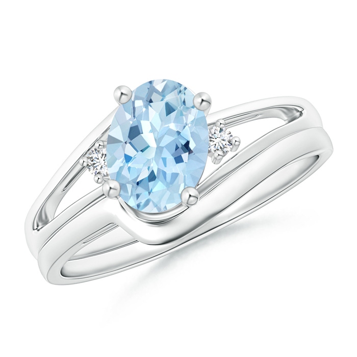 8x6mm AAA Split Shank Aquamarine Engagement Ring with Wedding Band in White Gold 