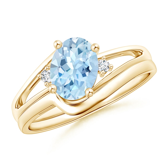 8x6mm AAA Split Shank Aquamarine Engagement Ring with Wedding Band in Yellow Gold 