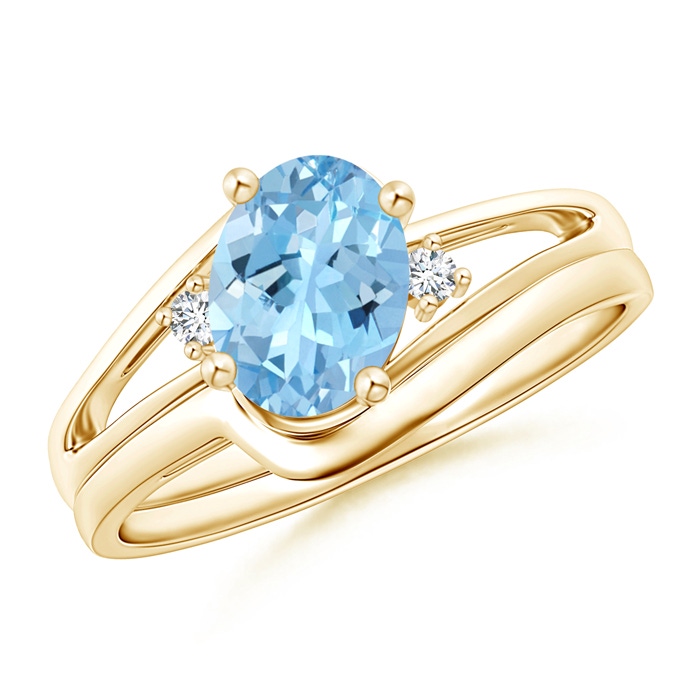 8x6mm AAAA Split Shank Aquamarine Engagement Ring with Wedding Band in Yellow Gold 