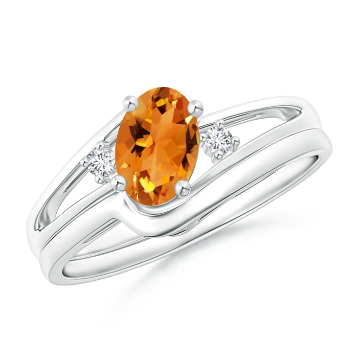 7x5mm AAA Split Shank Citrine Engagement Ring with Wedding Band in White Gold 