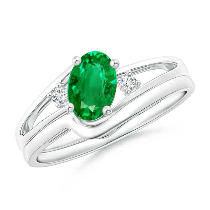 7x5mm AAA Split Shank Emerald Engagement Ring with Wedding Band in White Gold