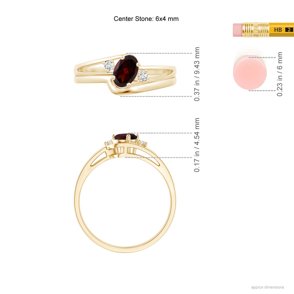 6x4mm A Split Shank Garnet Engagement Ring with Wedding Band in Yellow Gold ruler