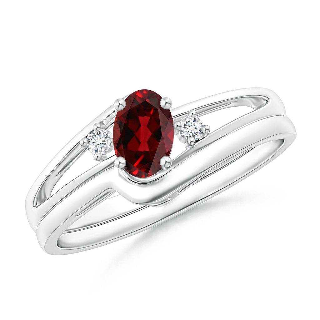 6x4mm AAAA Split Shank Garnet Engagement Ring with Wedding Band in 18K White Gold