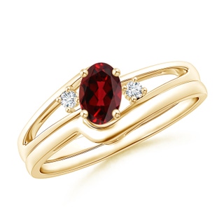 6x4mm AAAA Split Shank Garnet Engagement Ring with Wedding Band in Yellow Gold
