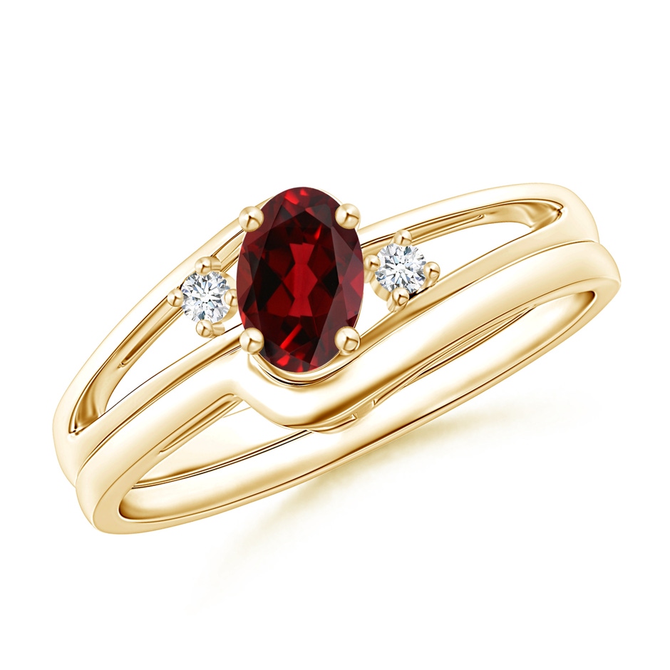 6x4mm AAAA Split Shank Garnet Engagement Ring with Wedding Band in Yellow Gold 