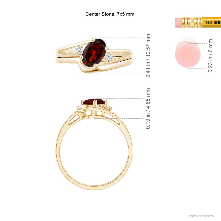 7x5mm AAA Split Shank Garnet Engagement Ring with Wedding Band in 18K Yellow Gold ruler