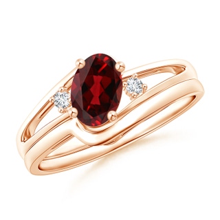 7x5mm AAAA Split Shank Garnet Engagement Ring with Wedding Band in 18K Rose Gold