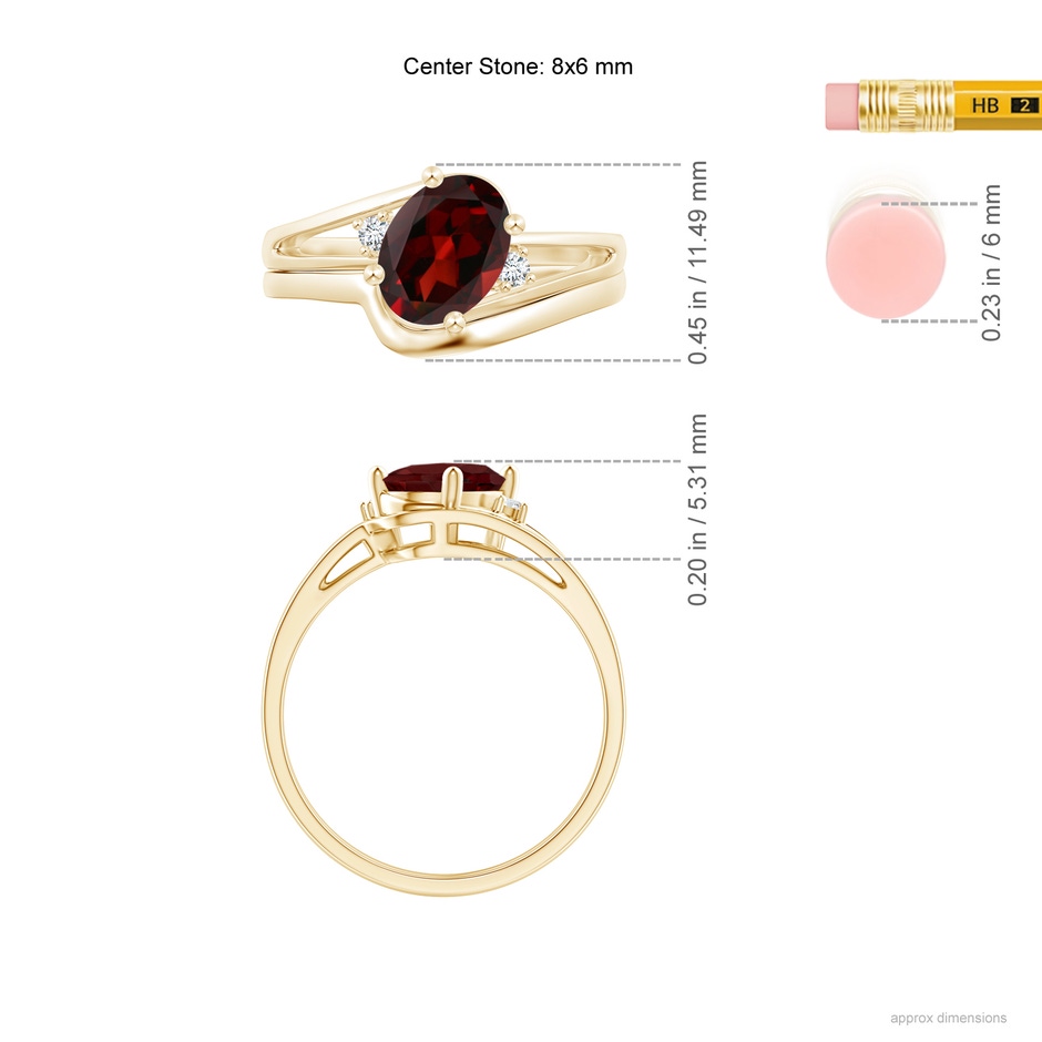 8x6mm AAA Split Shank Garnet Engagement Ring with Wedding Band in Yellow Gold ruler