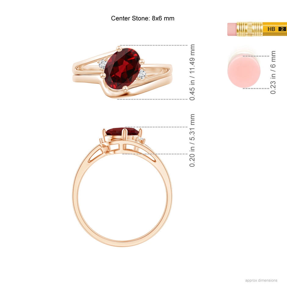 8x6mm AAAA Split Shank Garnet Engagement Ring with Wedding Band in Rose Gold ruler