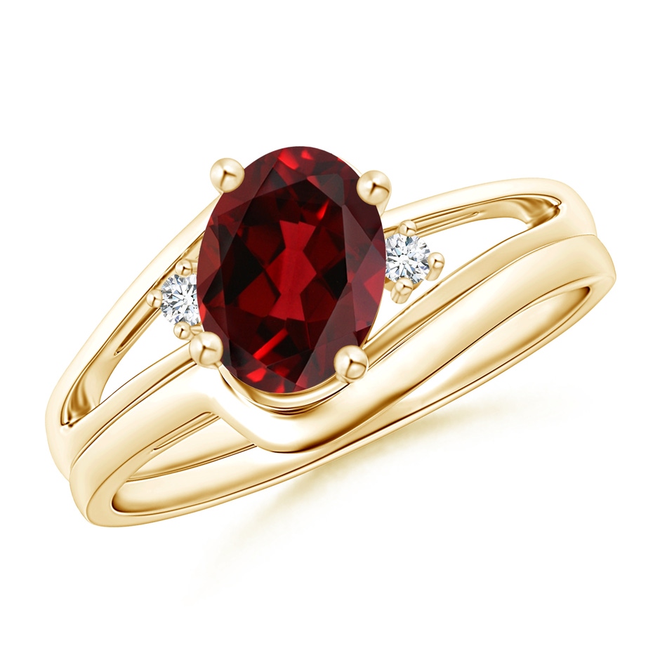 8x6mm AAAA Split Shank Garnet Engagement Ring with Wedding Band in Yellow Gold 