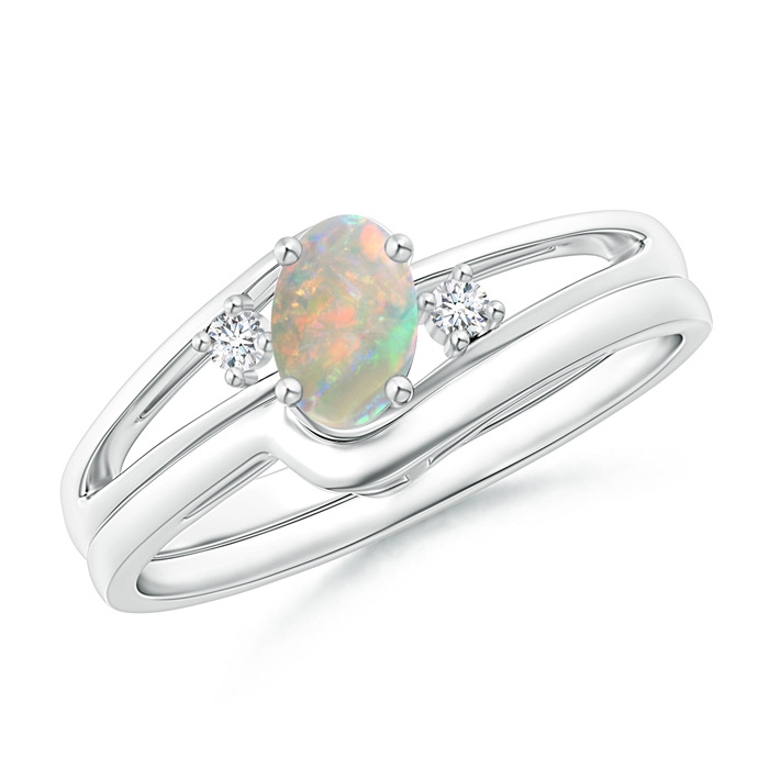 6x4mm AAAA Split Shank Opal Engagement Ring with Wedding Band in White Gold