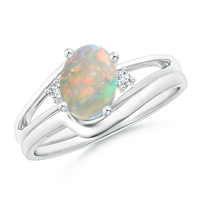 8x6mm AAAA Split Shank Opal Engagement Ring with Wedding Band in White Gold 