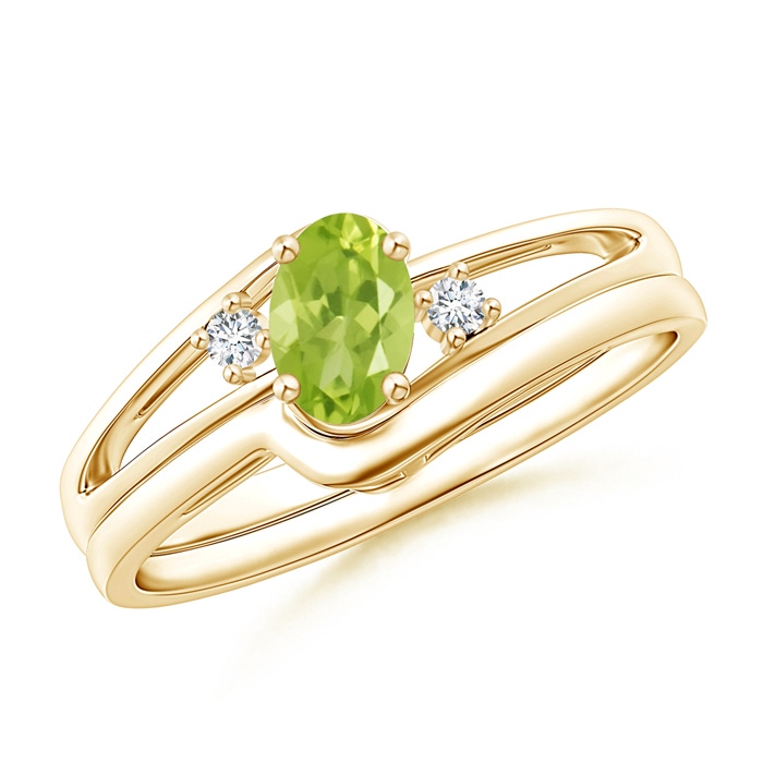 6x4mm AA Split Shank Peridot Engagement Ring with Wedding Band in Yellow Gold 
