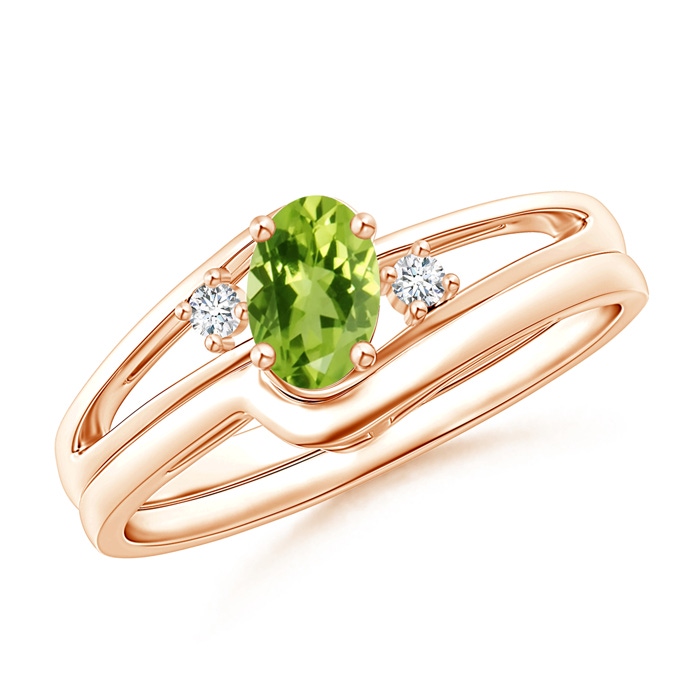 6x4mm AAA Split Shank Peridot Engagement Ring with Wedding Band in Rose Gold 