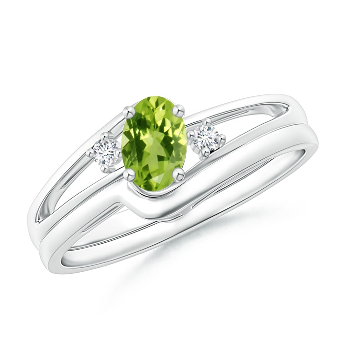 6x4mm AAA Split Shank Peridot Engagement Ring with Wedding Band in White Gold 