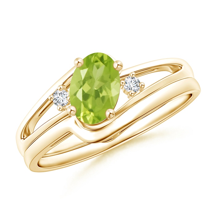 7x5mm AA Split Shank Peridot Engagement Ring with Wedding Band in Yellow Gold 