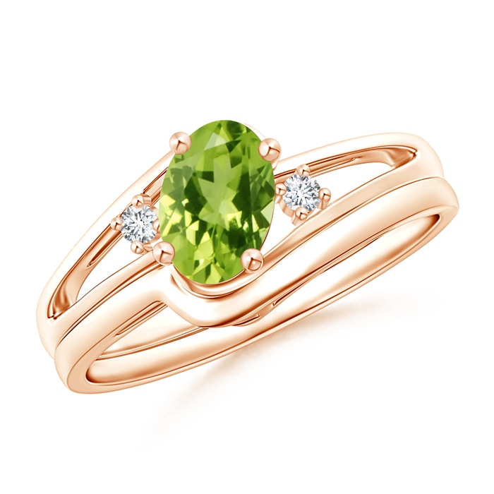 7x5mm AAA Split Shank Peridot Engagement Ring with Wedding Band in Rose Gold 