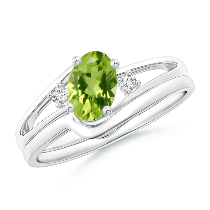 7x5mm AAA Split Shank Peridot Engagement Ring with Wedding Band in S999 Silver 
