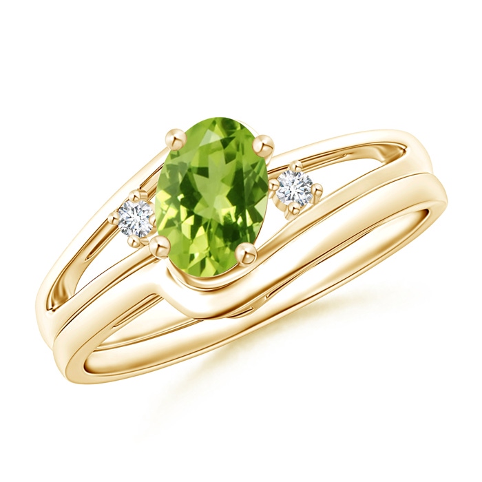 7x5mm AAA Split Shank Peridot Engagement Ring with Wedding Band in Yellow Gold 