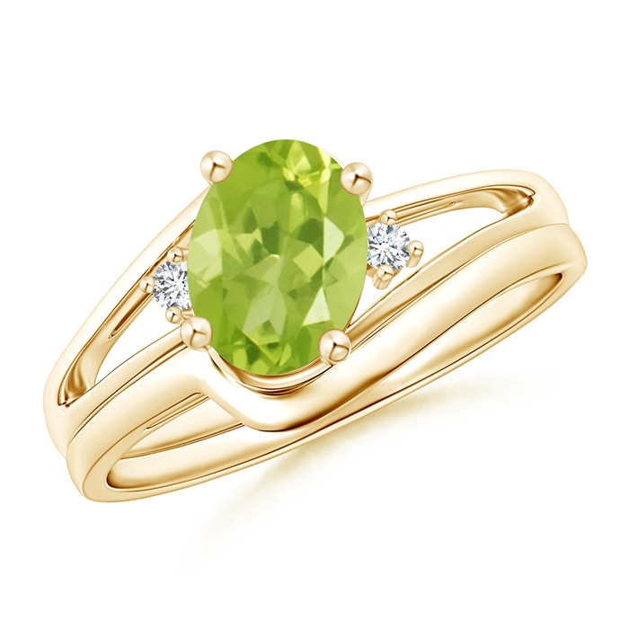 8x6mm AA Split Shank Peridot Engagement Ring with Wedding Band in Yellow Gold 