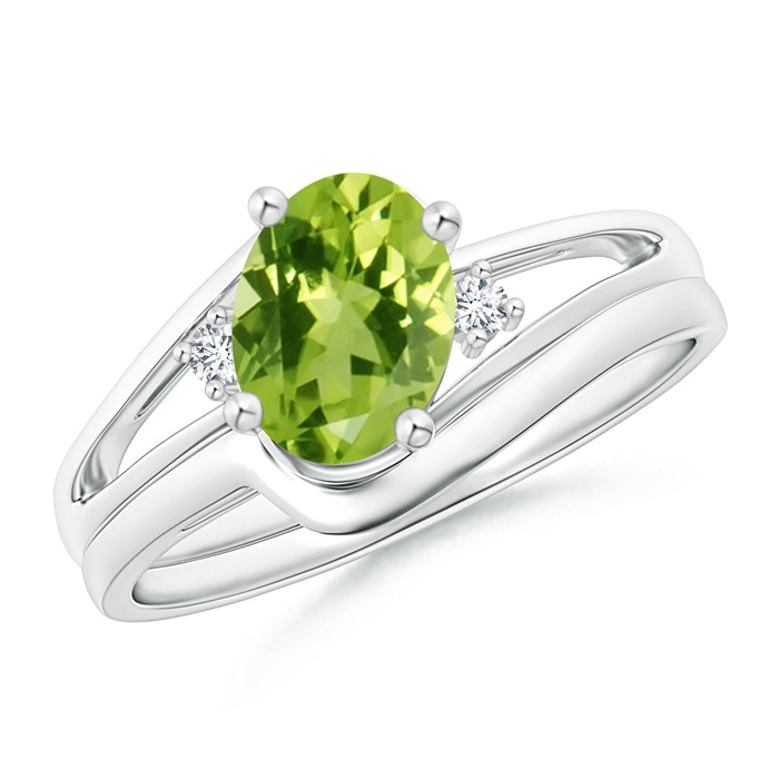 8x6mm AAA Split Shank Peridot Engagement Ring with Wedding Band in White Gold