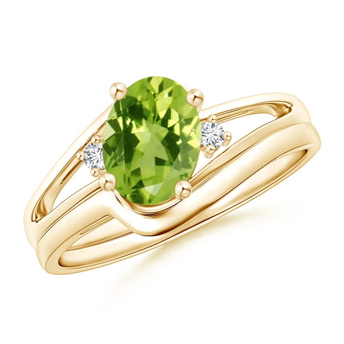 8x6mm AAA Split Shank Peridot Engagement Ring with Wedding Band in Yellow Gold 