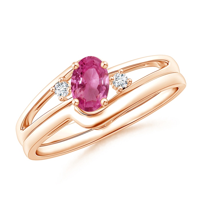 6x4mm AAAA Split Shank Pink Sapphire Engagement Ring with Wedding Band in Rose Gold