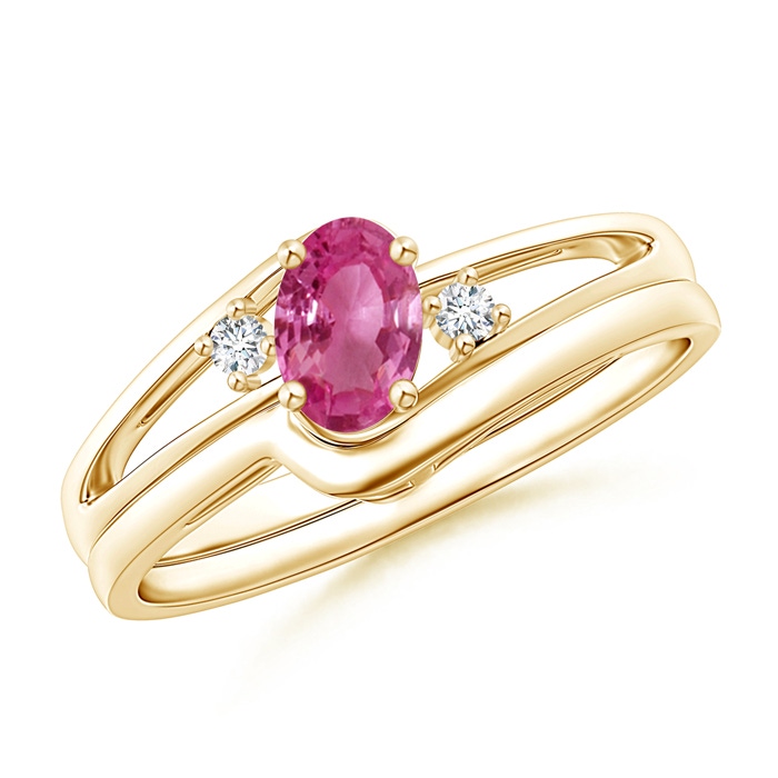 6x4mm AAAA Split Shank Pink Sapphire Engagement Ring with Wedding Band in Yellow Gold