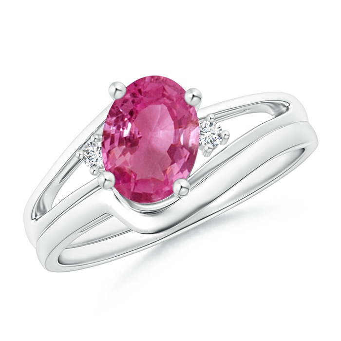 8x6mm AAAA Split Shank Pink Sapphire Engagement Ring with Wedding Band in White Gold 