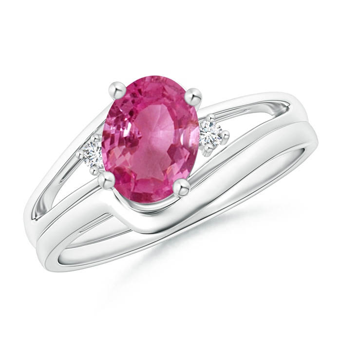 8x6mm AAAA Split Shank Pink Sapphire Engagement Ring with Wedding Band in White Gold