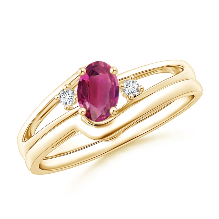 6x4mm AAAA Split Shank Pink Tourmaline Engagement Ring with Wedding Band in Yellow Gold