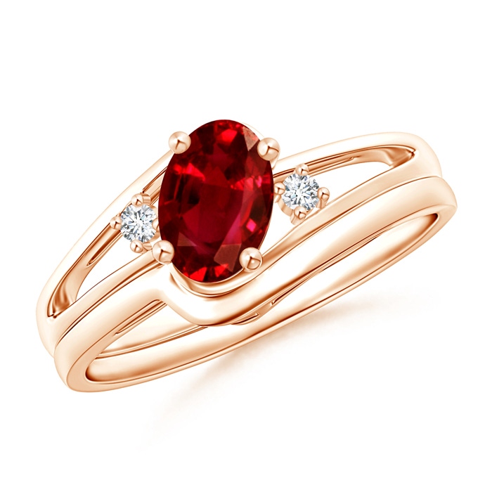 7x5mm AAAA Split Shank Ruby Engagement Ring with Wedding Band in Rose Gold