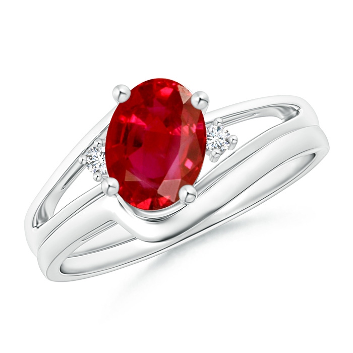 8x6mm AAA Split Shank Ruby Engagement Ring with Wedding Band in White Gold 