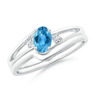 6x4mm AAA Split Shank Swiss Blue Topaz Engagement Ring with Wedding Band in White Gold