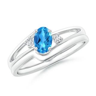 6x4mm AAAA Split Shank Swiss Blue Topaz Engagement Ring with Wedding Band in White Gold