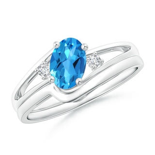 7x5mm AAAA Split Shank Swiss Blue Topaz Engagement Ring with Wedding Band in P950 Platinum