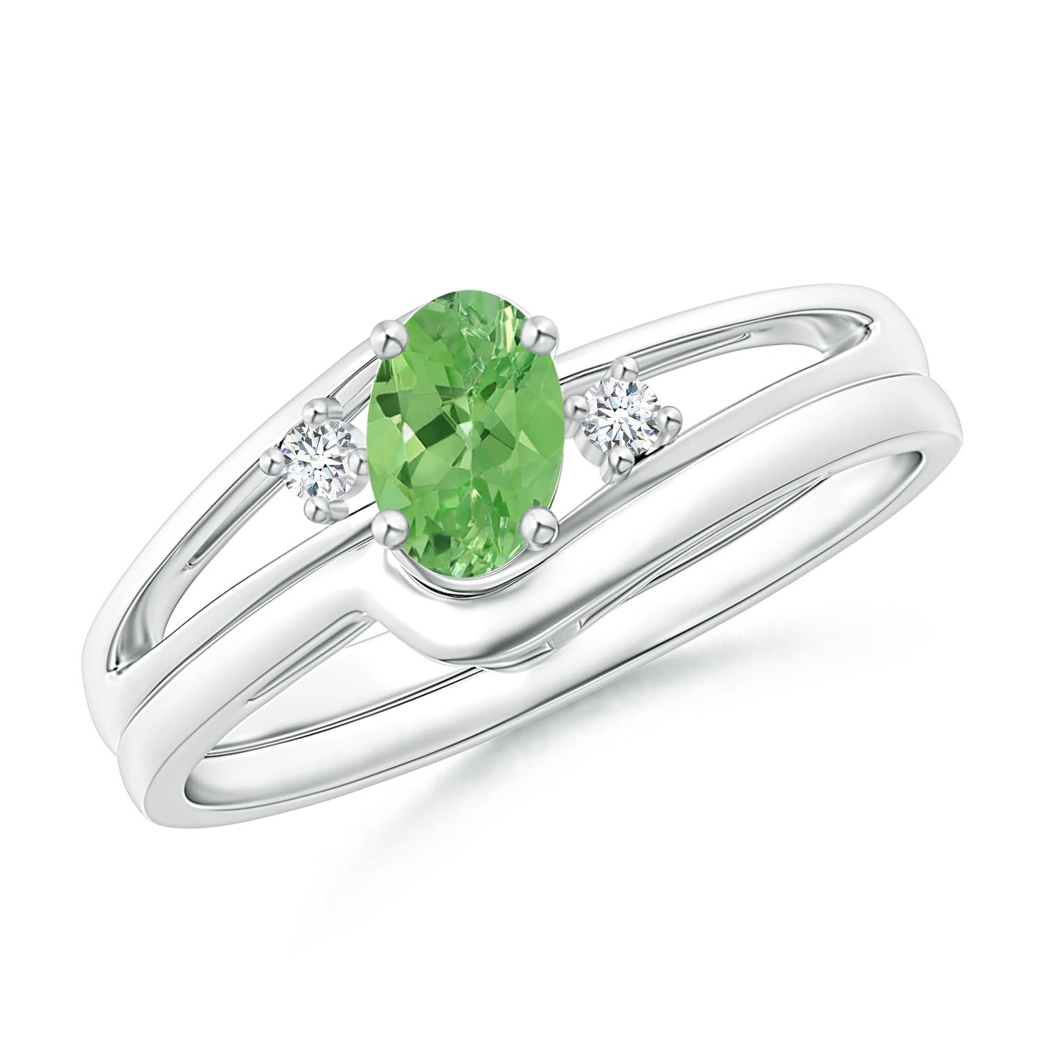 6x4mm A Split Shank Tsavorite Engagement Ring with Wedding Band in White Gold